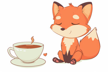 Cute drawn red fox with big cup of coffee, enjoys drinking