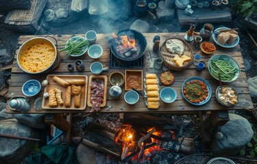 a picnic table with food with cups inside next to an open fire