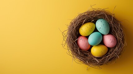 Fototapeta premium Colorful Easter Nest Flat Lay Festive Eggs Nestled in a Whimsical Nest on a Soft Yellow Background