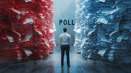 Poll concept image with a man counting ballot paper of two colors blue and red