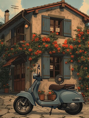 Fototapeta na wymiar an old bakery building with a motor scooter in front of it, in the style of romantic charm and villagecore. Generative ai. H010