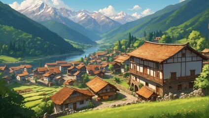 Fototapeta na wymiar village in the mountains anime style