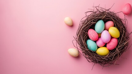 Fototapeta na wymiar Pastel Easter Nest Flat Lay Colorful Eggs Nestled in a Charming Nest on a Delicate Pink Background