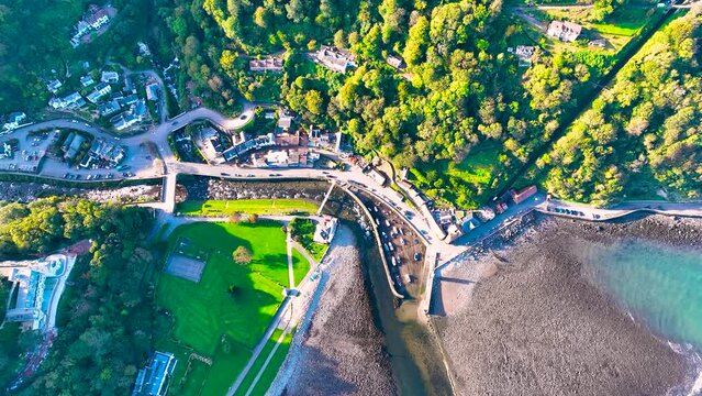 Aerial view of Lynmouth, a small village on the Exmoor coast in the North Devon district in the county of Devon, England, UK