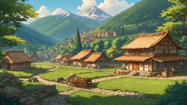 village in the mountains anime style
