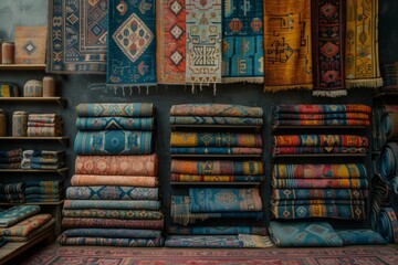a wall of colorful and patterned carpets in an art store