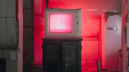 a white TV monitor and a pink screen on a black cabinet