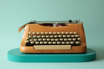 a wooden typewriter on a blue base 