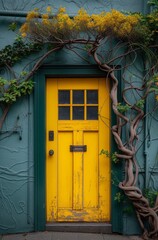 a yellow door with a wooden branch around it and a blue wall