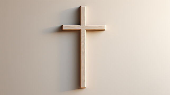 A minimalistic image of a wooden Christian cross on a beige background.