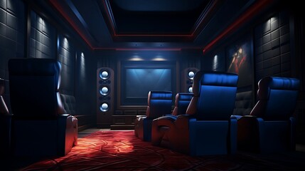 A home theater room with reclining chairs and surround sound speakers - obrazy, fototapety, plakaty