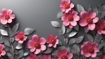 3d mural Flowers background with Square wallpaper for walls . with pink flowers and gray silver background