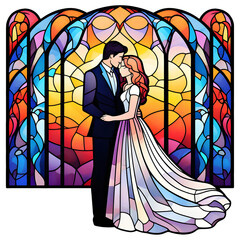 beautiful colorful stained glass stylized art of a bride and groom at their wedding in front of a vivid sunset