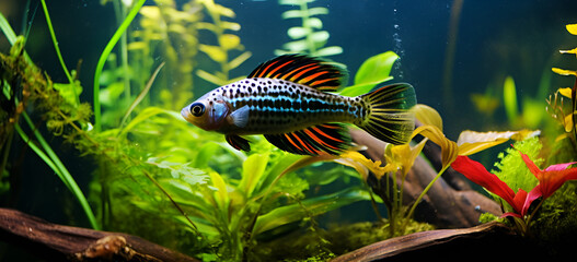 Guppies in the aquarium A Comprehensive Approach to Successful Guppy Reproduction,ips for Keeping Colorful Aquarium Guppies - obrazy, fototapety, plakaty