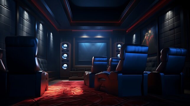 A home theater room with reclining chairs and surround sound speakers