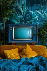 blue and silver retro TV with a screen in front of a tropical wall