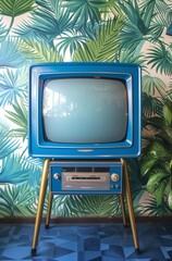 blue and silver retro TV with a screen in front of a tropical wall