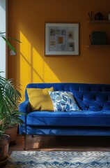 blue couch and yellow furniture in a living room
