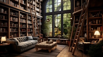 Obraz na płótnie Canvas A home library with floor-to-ceiling bookshelves, a cozy reading corner, and a sliding ladder