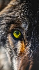 a close up of a wolf's eye with yellow eyes