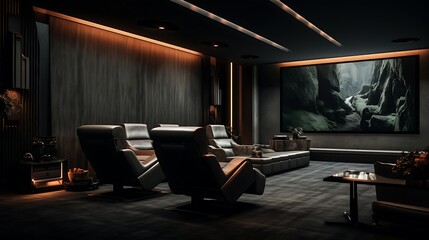 A home cinema with comfortable recliners, acoustic panels, and a projector screen