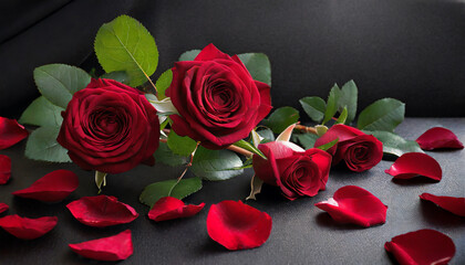 Red rose flowers on dark background. Romantic background with copy space, Valentine's day.