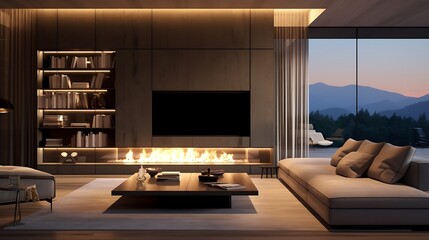 A high-tech living room with hidden TV storage behind motorized panels