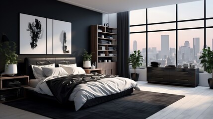A high-contrast bedroom with hidden cabinets, featuring a black and white color scheme for a modern...