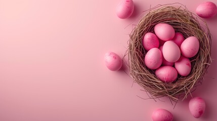 Fototapeta na wymiar Pink Easter Egg Nest Flat Lay Whimsical Nest Filled with Delicate Pink Eggs on a Soft Pink Background