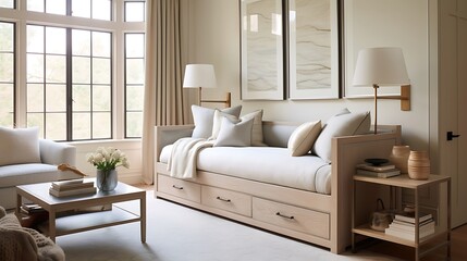 A guest room with a daybed featuring pull-out drawers for extra bedding