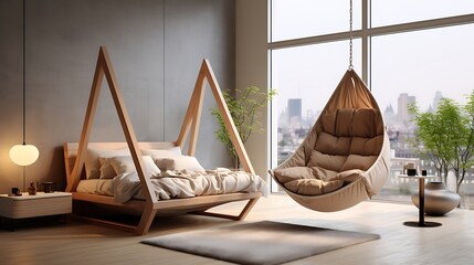 A hanging hammock chair as an unconventional seating choice in a minimalist bedroom