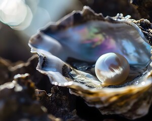 a pearl in an oyster shell on a beach