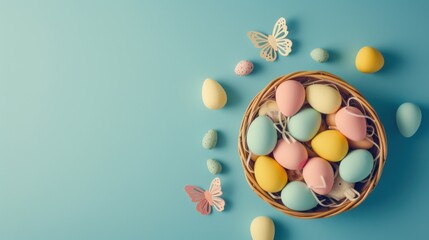 Fototapeta na wymiar Create a whimsical Easter scene with a flat lay photo of beautifully decorated eggs in a charming basket