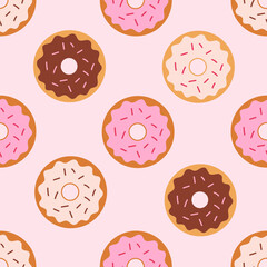 Seamless pattern, donuts on a pink background. Vector illustration. - 732982353