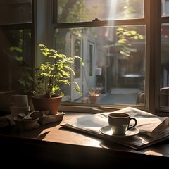 Fototapeta na wymiar steaming cup of coffee and an open newspaper on a sunlit window sill