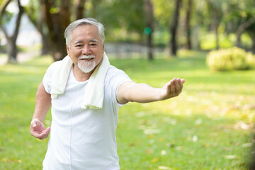 asian senior man workout and practice tai chi in the park