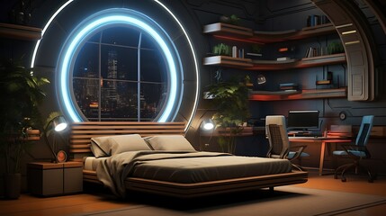 A futuristic tech-themed bedroom with hidden cabinets, incorporating sleek designs and integrated...