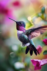 a hummingbird flying over a pink flower