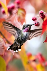a hummingbird flying through a tree filled with pink flowers
