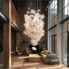 modern huge office with huge white paper chandelier