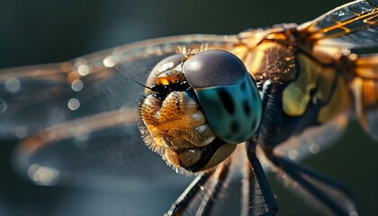 a close up of a blue and yellow dragonfly