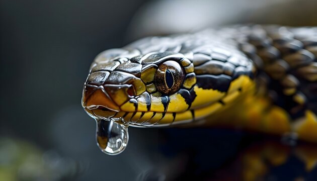 a close up of a yellow and black snake