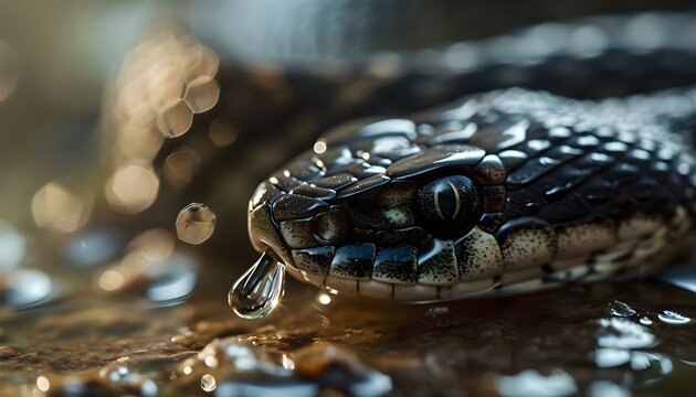 a close up of a snake with water droplets