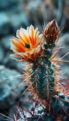 a close up of a cactus with a green leaf