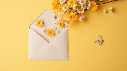 The concept of Valentine's Day.An envelope with a letter in the shape of a heart and spring flowers. The idea of a holiday card for lovers.