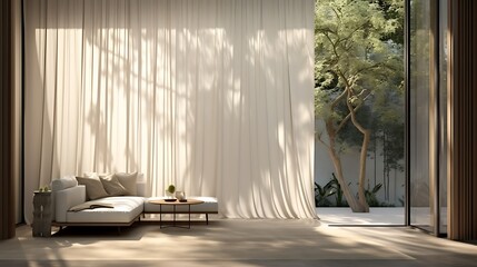 A floor-to-ceiling sheer curtain partition to add privacy without sacrificing light - obrazy, fototapety, plakaty