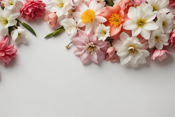 Beautiful spring flowers on white background, top view. Space for text