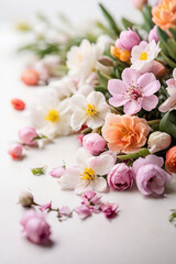 Bouquet of spring flowers on a white background with copy space