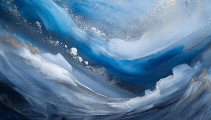 Abstract acrylic painting, blue and silver colors background. Oil paint texture brush strokes