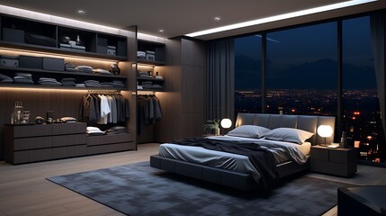 A dual-toned bedroom with hidden cabinets, contrasting dark and light shades for a dramatic effect